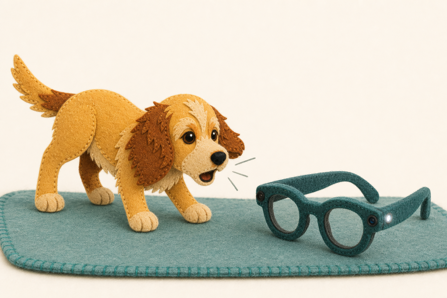 Rosie, a golden-and-chestnut felt puppy, barks toward a fictional pair of smart glasses with a small white indicator light glowing on the front of the frame.