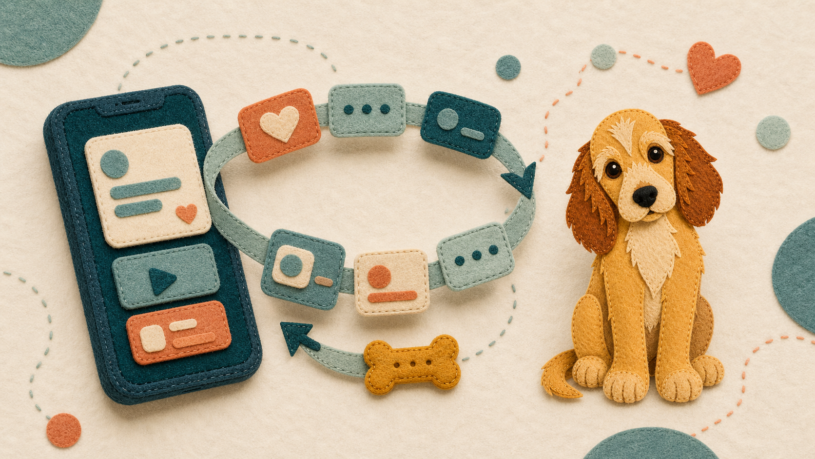 Rosie beside a felt smartphone and a loop of recommended content.