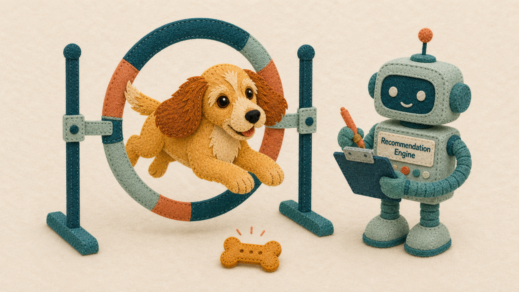Rosie jumps through a felt agility hoop towards a treat while a friendly felt robot labelled Recommendation Engine watches and takes notes.