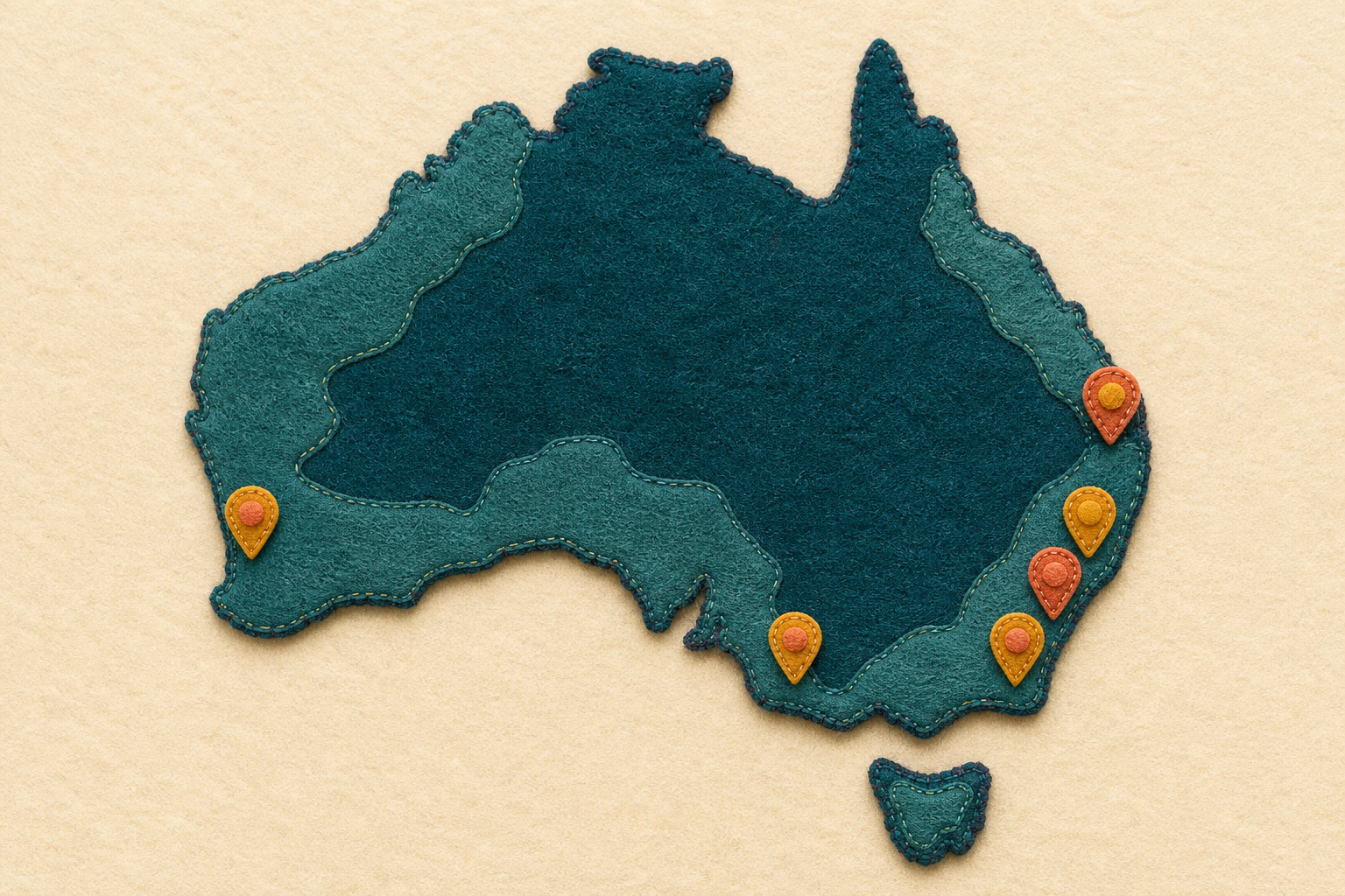 A stitched felt map of Australia with approximate data-centre location markers.