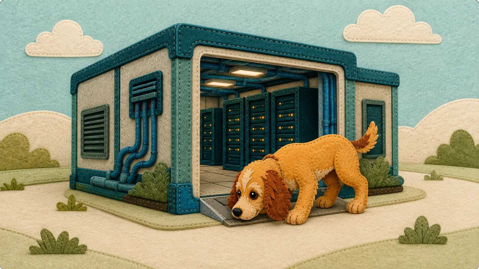 Rosie investigates a felt data centre with visible server racks, cooling pipes and ventilation equipment.