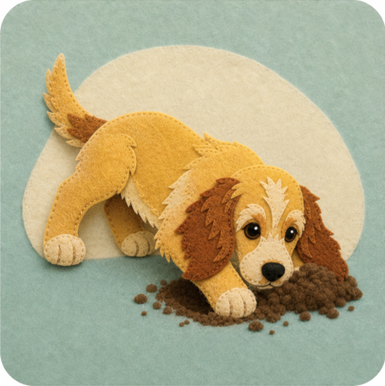 Rosie, a golden-and-chestnut felt puppy, sniffs a small pile of dirt on a pale felt patch.