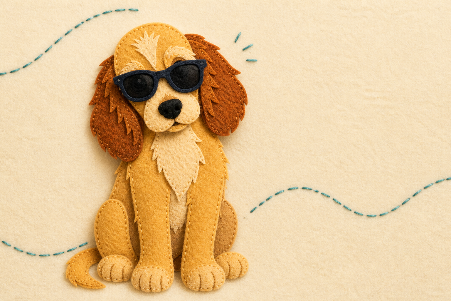Rosie, a golden-and-chestnut felt puppy, wearing unbranded black sunglasses.