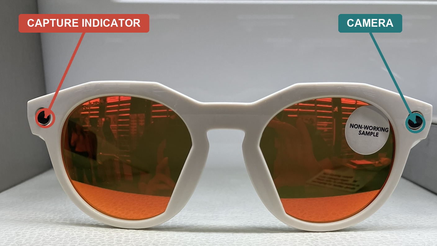 Owner-photographed view of Oakley Meta HSTN frames, annotated to show the capture indicator on the viewer’s left and camera on the viewer’s right.