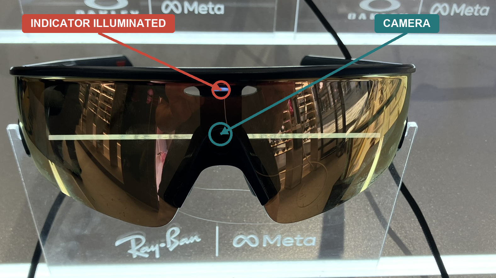 Front view of owner-photographed Oakley Meta Vanguard glasses with the capture indicator illuminated above the nose-bridge camera.