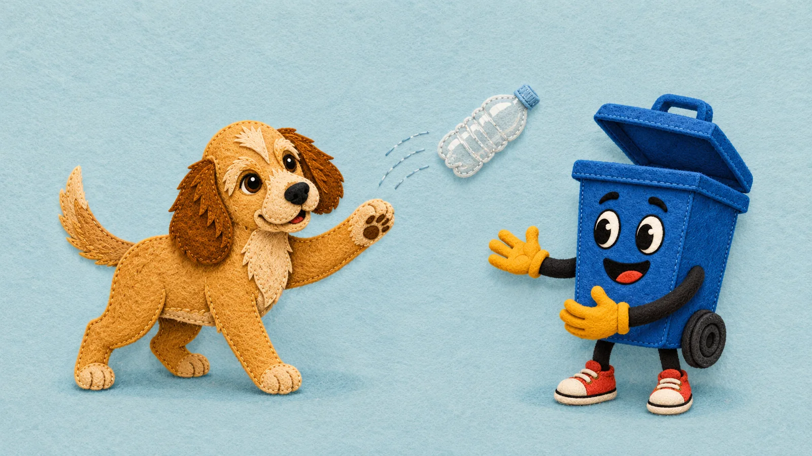 Rosie tosses a plastic bottle towards Binny, a friendly blue felt recycling robot.