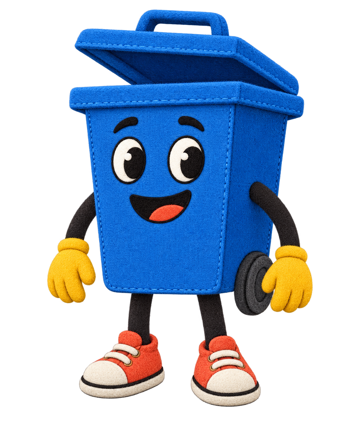 Binny, a friendly blue felt wheelie bin robot.