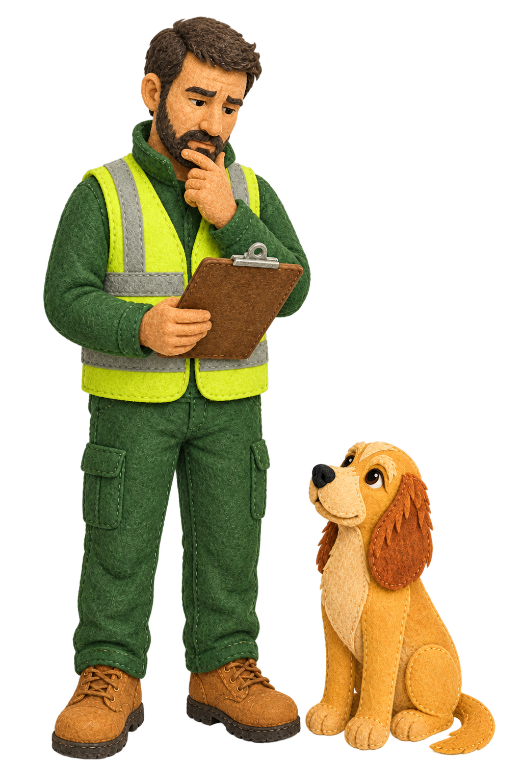A recycling centre manager studies a clipboard while Rosie sits beside him and looks up.