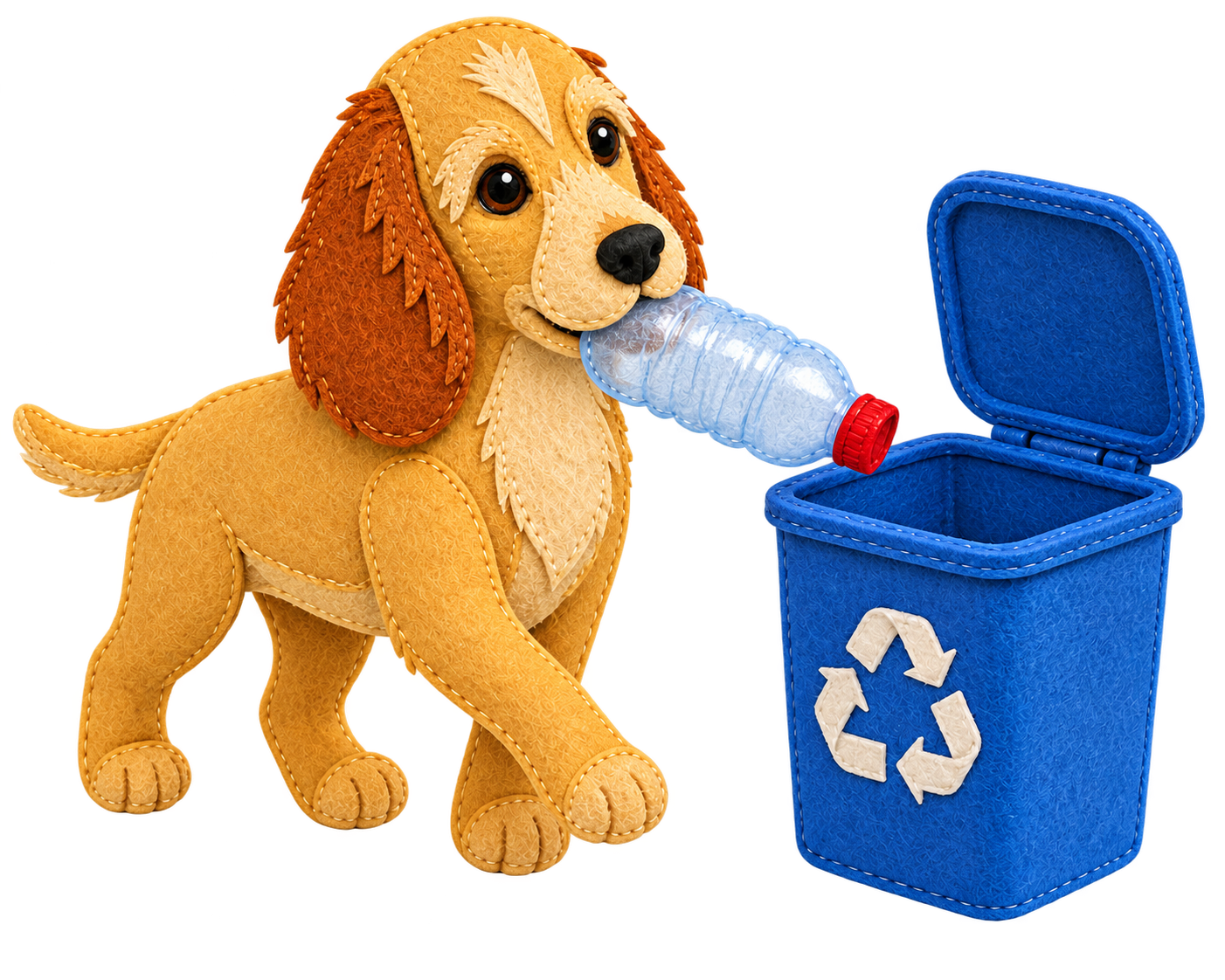 Rosie carries a clean plastic bottle towards a blue recycling bin.