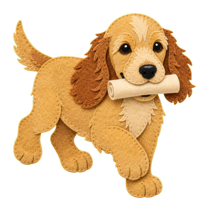 Rosie carrying a felt object.