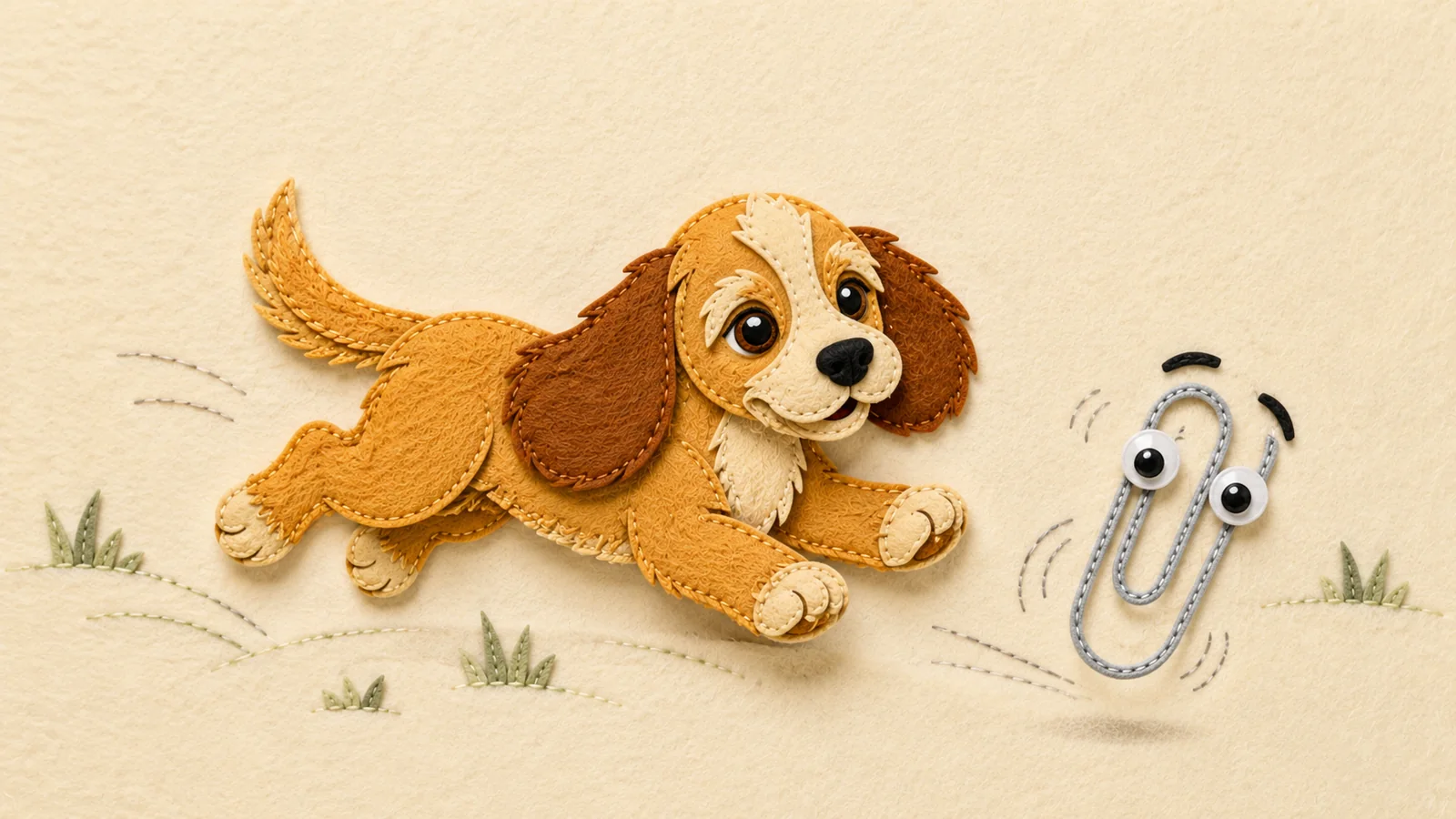 Rosie runs towards a lively paperclip character across a cream felt landscape.